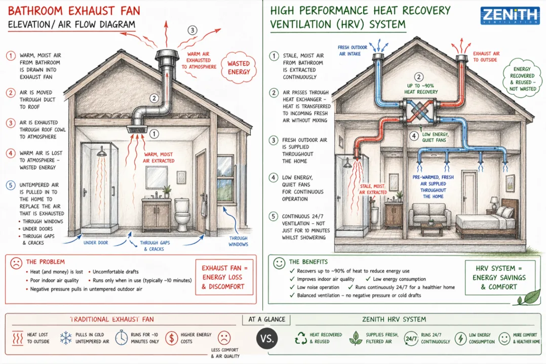 Diagram comparing a bathroom exhaust fan with a whole-home heat recovery ventilation system