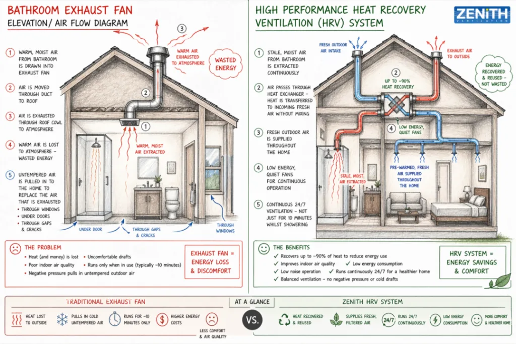 Diagram comparing a bathroom exhaust fan with a whole-home heat recovery ventilation system