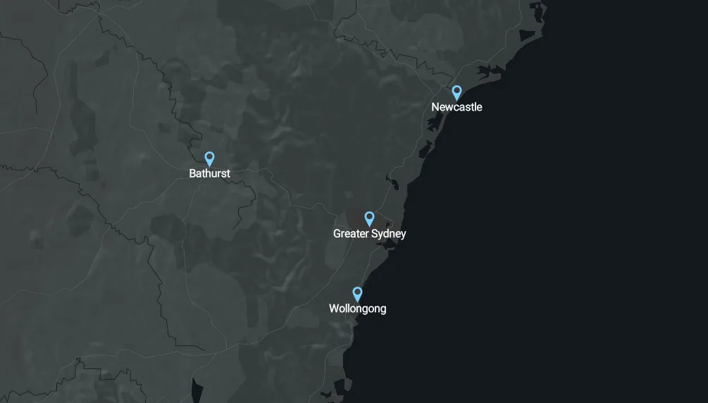 Home 21 Map of NSW showing Zenith service areas: Greater Sydney, Newcastle, Wollongong and Bathurst