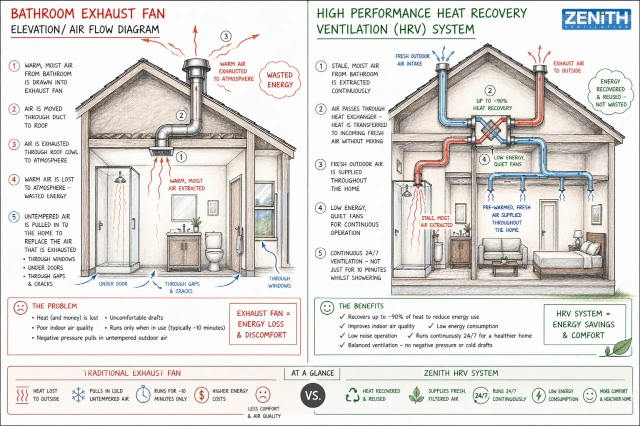 Diagram comparing a bathroom exhaust fan with a whole-home heat recovery ventilation system