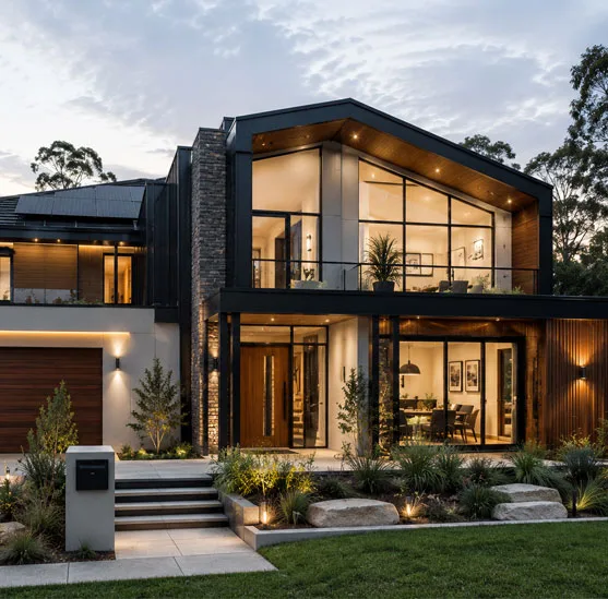 Architect-designed two-storey home with a large glazed living area lit at dusk