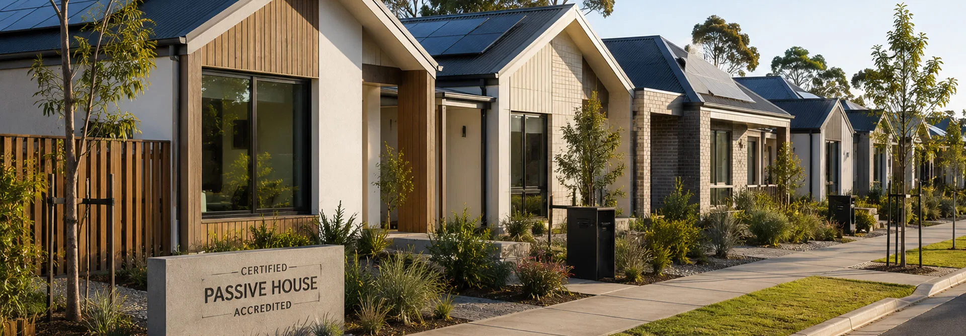 Row of new energy-efficient homes with a Passive House sign at the front